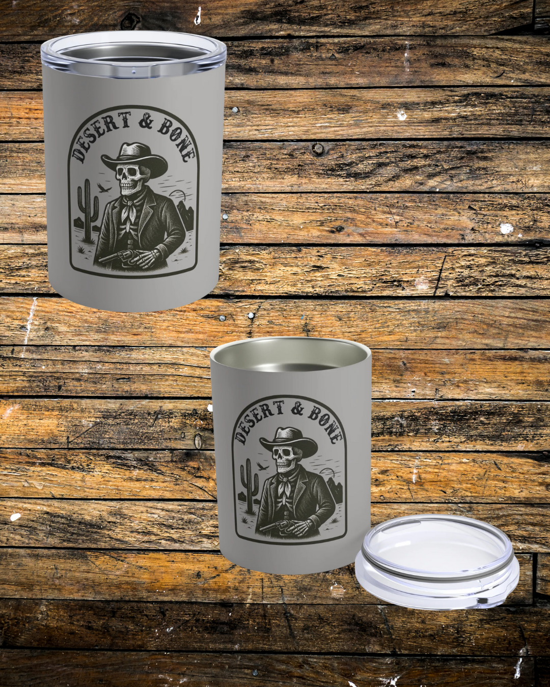 10oz Grey Insulated Tumbler – Desert & Bone Logo Travel Cup